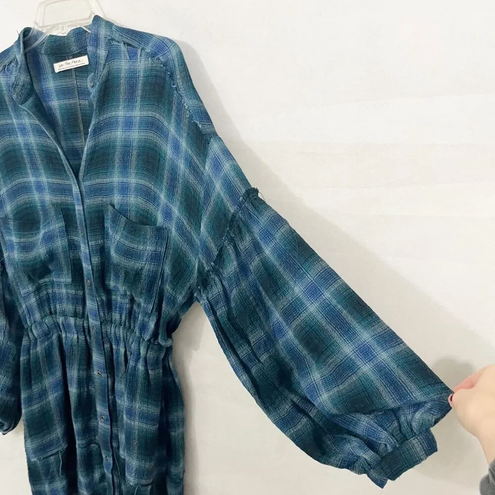 Free People By The Way Navy Plaid Long Sleeve‎ Mini Shirt Dress Grunge - Size XS